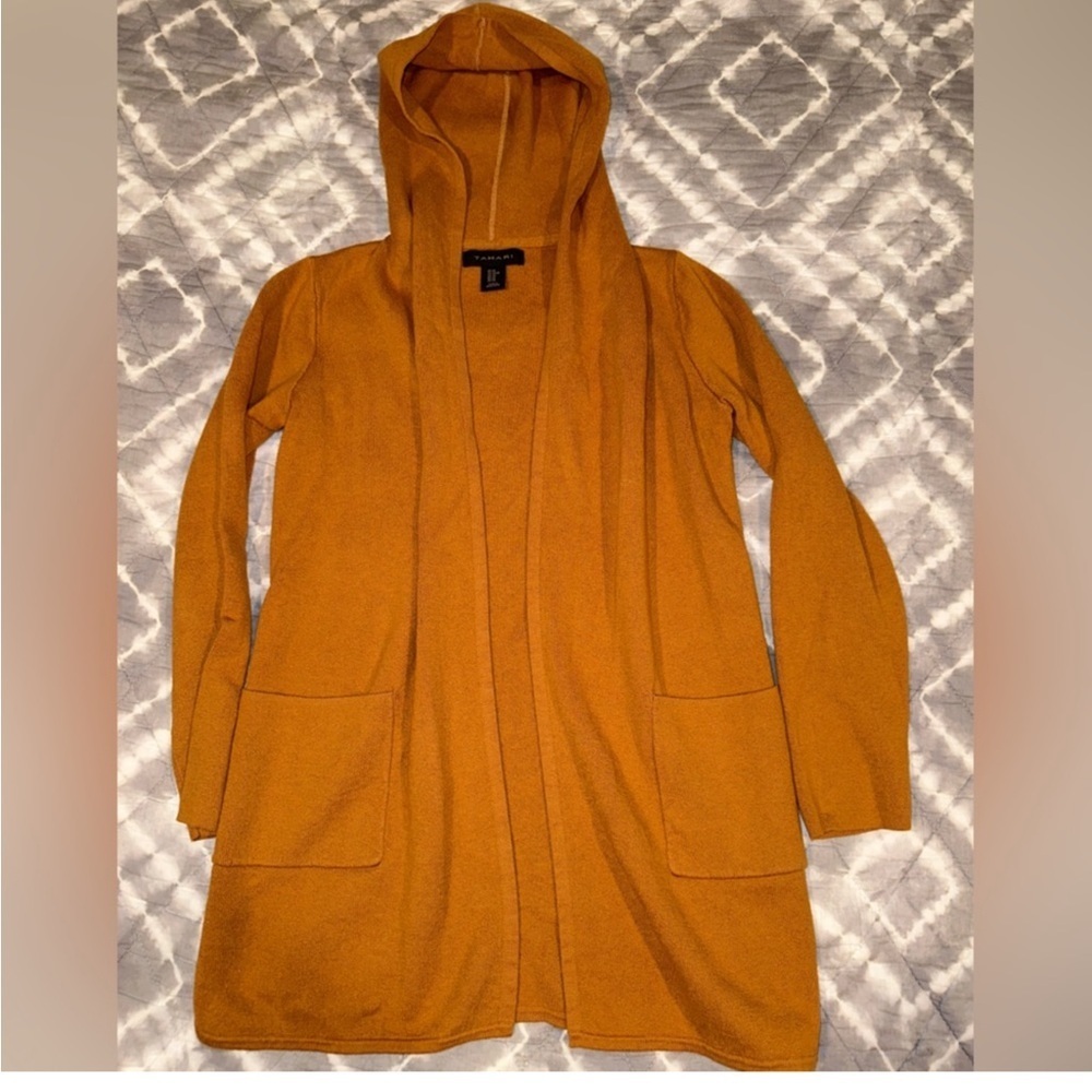 Tahari Women's Cardigan Mustard Hooded Jacket Size XS.